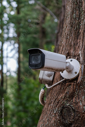 Security Camera Mounted on a Tree in Forest 
