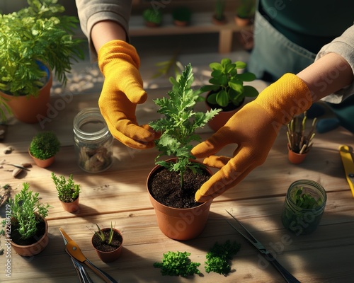 A gardener lovingly repots a young plant, showcasing a vibrant workspace filled with pots, tools, and greenery, perfect for cultivating a thriving indoor garden. photo