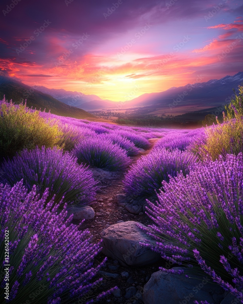 Obraz premium A breathtaking view of vibrant lavender fields under a stunning sunset, where purple hues blend with the sky, creating a tranquil atmosphere amidst the surrounding mountains.