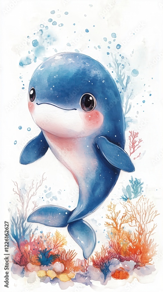 Φωτογραφία Watercolor illustration of a blue whale in the underwater world, children room d