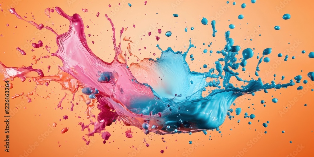 Fototapeta premium A stunning visual of pink and blue paint splashing against an orange backdrop, creating dynamic shapes and textures.