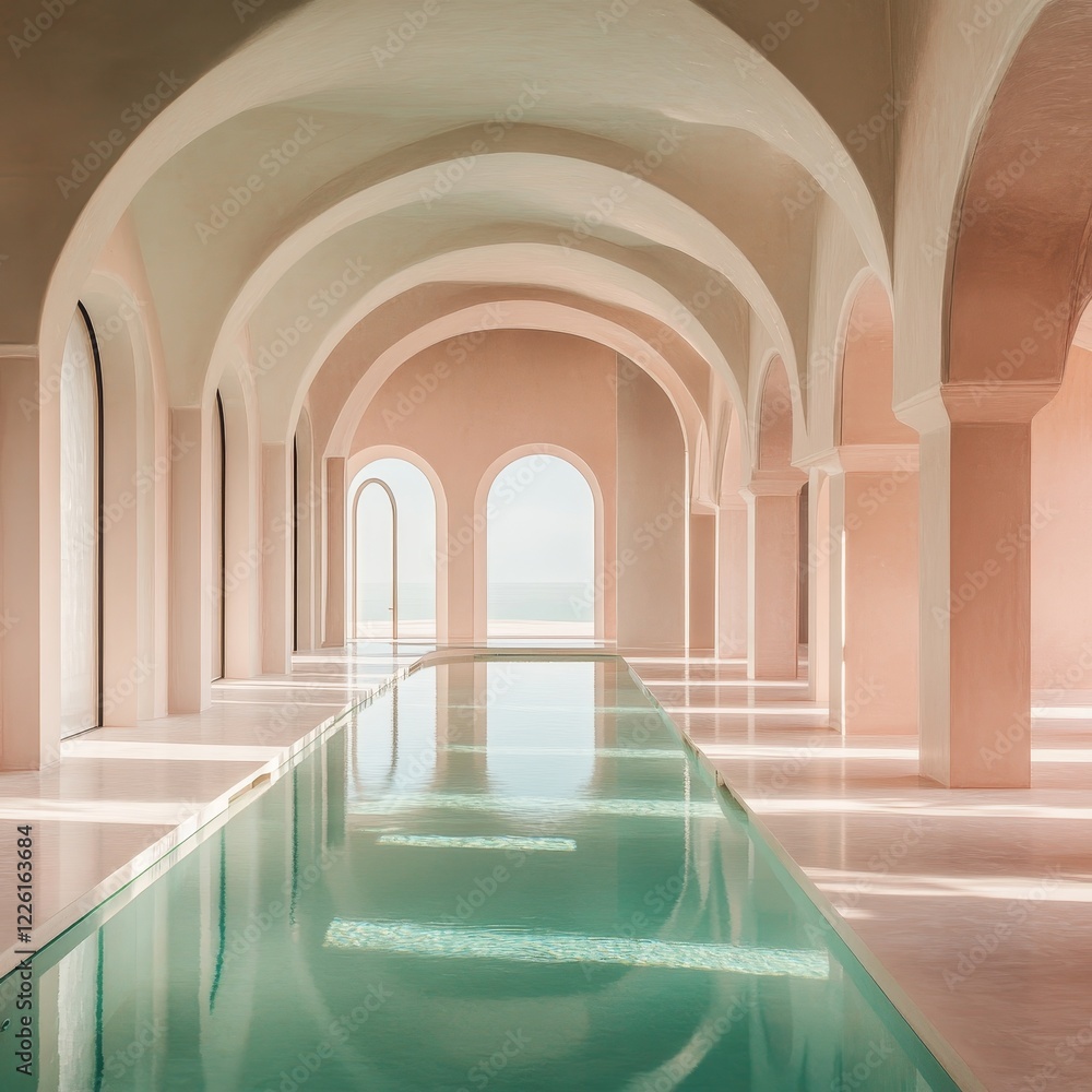 Fototapeta premium An exquisite indoor pool adorned with elegant arched ceilings and soft, calming colors, providing a serene atmosphere that embodies luxury and tranquility.
