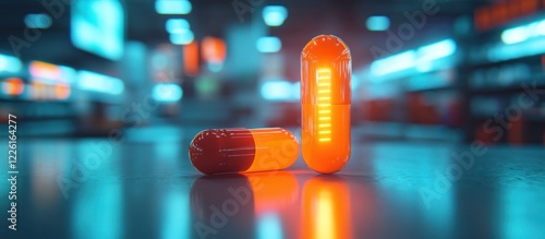 Futuristic Pharmacy: Glowing Capsules on a Reflective Surface photo