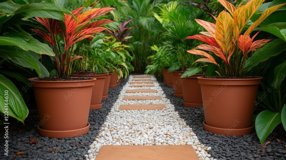 Fototapeta premium Lush Garden Pathway Surrounded by Vibrant Foliage and Decorative Flower Pots