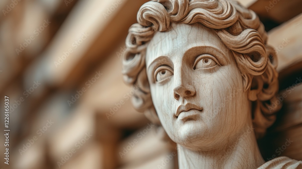 Detailed Close-up of an Elegant Wooden Sculpture of a Male Face and Hair Features Detailed Close-up of an Elegant Wooden Sculpture of a Male Face and Hair Features