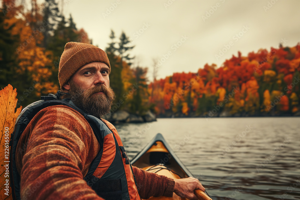 Canoe traveler looking away on a lake, fall maple forest on the shore, kayak paddle in hand. Canoe traveler looking away on a lake, fall maple forest on the shore, kayak paddle in hand.