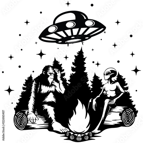 Bigfoot & Alien | Unidentified Flying Object | Big Foot | Yeti | Alien Invasion | Camping | Extraterrestrial | Alien | Original Illustration | Vector and Clipart | Cutfile and Stencil