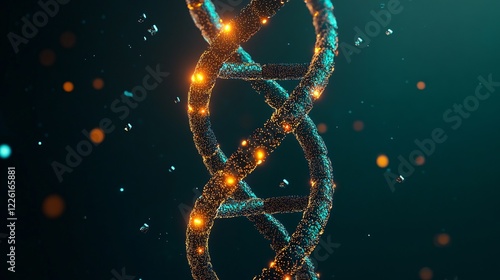 Glowing DNA Helix: Abstract 3D rendering of a DNA double helix, glowing with warm light against a deep teal background, evoking a sense of mystery and scientific discovery. photo