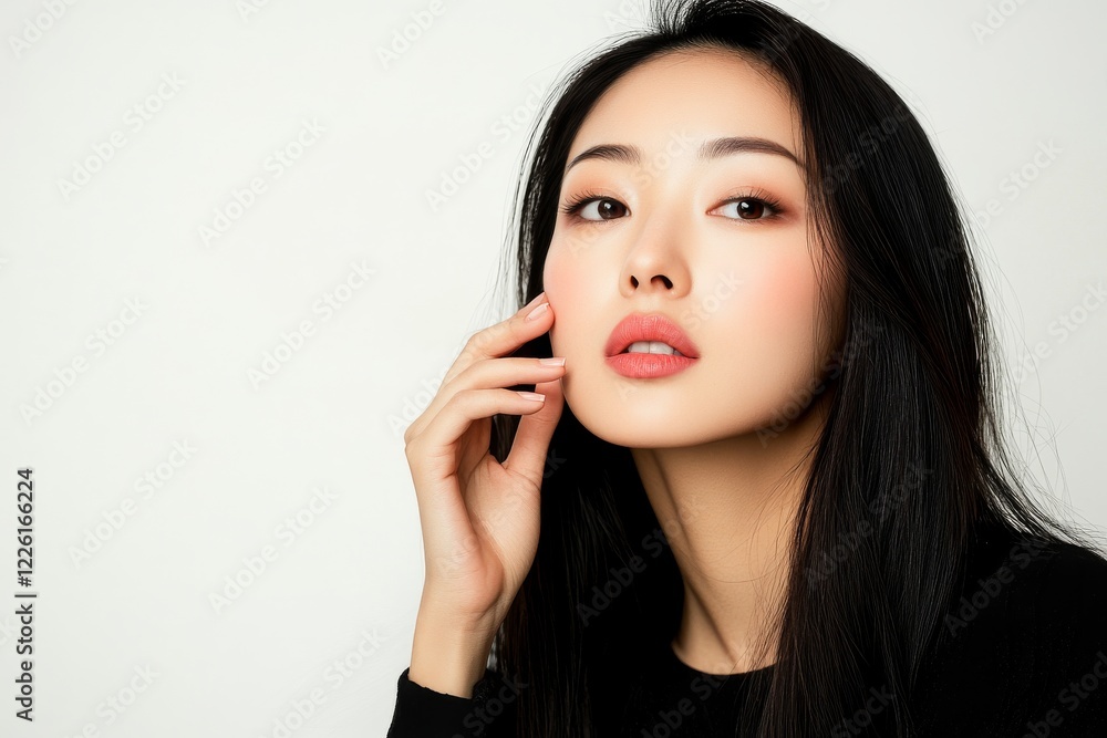 A portrait of a woman with long dark hair, showcasing a soft expression and elegant beauty against a minimalistic background. A portrait of a woman with long dark hair, showcasing a soft expression and elegant beauty against a minimalistic background.