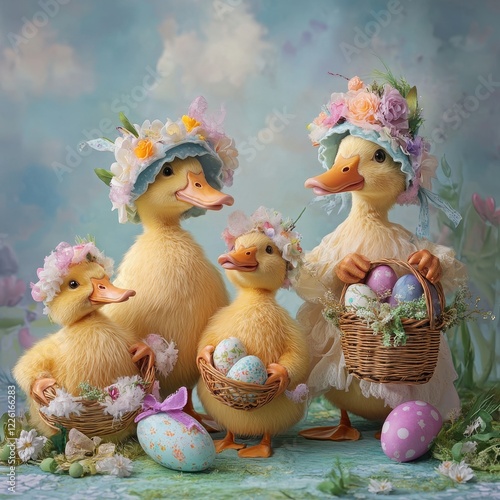 Festive Easter Ducks with Floral Hats and Colorful Eggs in Whimsical Spring Scene