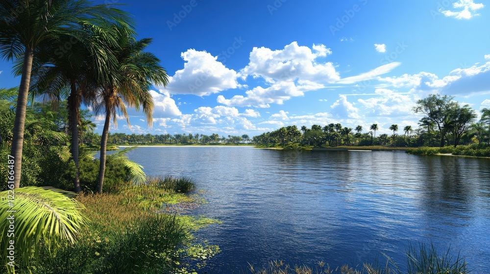 Obraz premium Serene lakeside view with lush greenery and vibrant clouds reflecting on calm water
