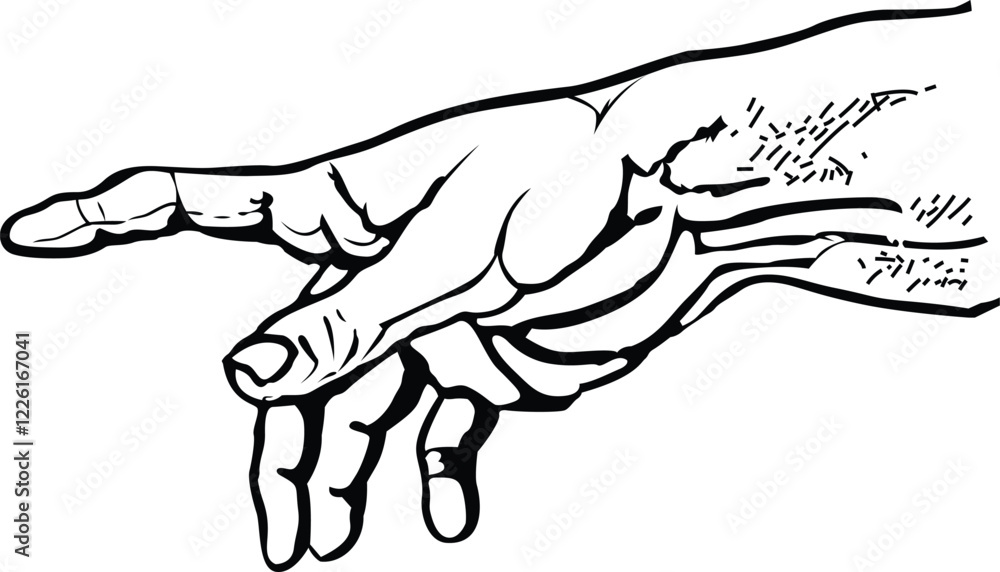 Outstretch forearm plead action on white paper space for text. Freehand outline black ink drawn stretch Outstretch forearm plead action on white paper space for text. Freehand outline black ink drawn stretch