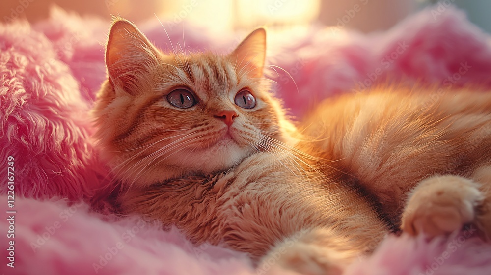 Orange Cat Resting on Pink Blanket Adorable Feline in Soft Light Peaceful Domestic Scene. Orange Cat Resting on Pink Blanket Adorable Feline in Soft Light Peaceful Domestic Scene.
