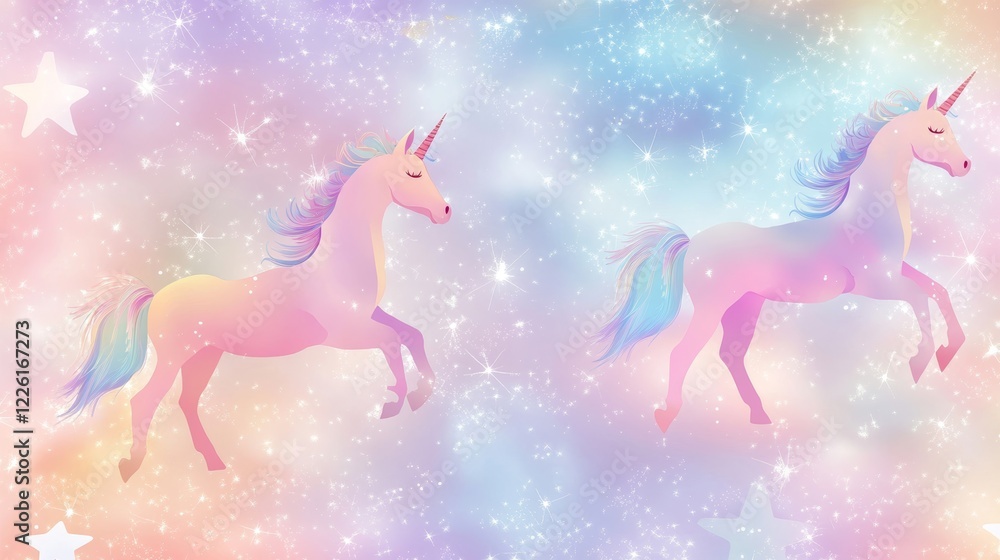 This enchanting illustration features magical unicorns galloping across a pastel-colored, starry sky, portraying whimsy and fantasy with ethereal grace. This enchanting illustration features magical unicorns galloping across a pastel-colored, starry sky, portraying whimsy and fantasy with ethereal grace.