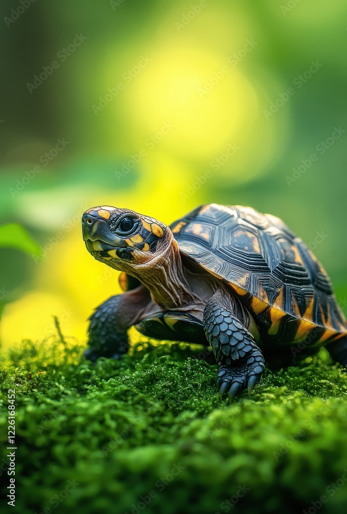 Obraz premium A Vibrant Tortoise Crawling on Lush Green Moss Under a Soft Diffused Light in a Natural Setting