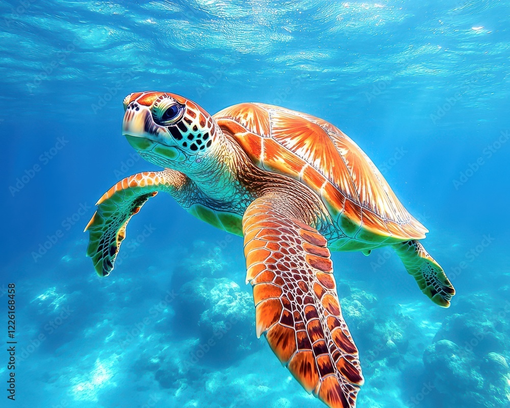 Fototapeta premium A Vibrant Sea Turtle Gliding Through Crystal Clear Ocean Water Surrounded by Colorful Coral and Sunlight Rays in a Serene Underwater Environment