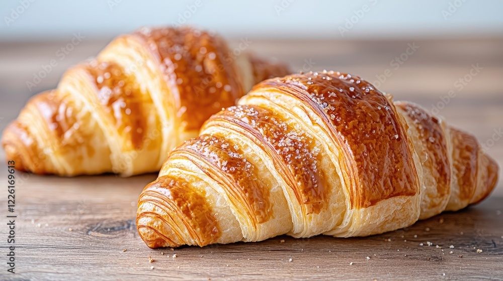 Two golden croissants on wooden table, bakery background, food photography, recipe website Two golden croissants on wooden table, bakery background, food photography, recipe website