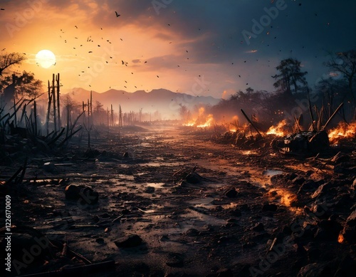 夕日が沈む戦国時代の合戦場