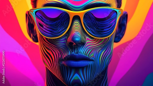A striking portrait featuring a vivid neon color palette and surreal psychedelic effects, with oversized sunglasses, exuding cool retro vibes and artistic flair.