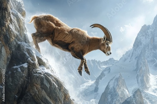 A dynamic and impressive depiction of a mountain goat leaping across rugged and snowy cliffs, capturing the essence of adventure, agility, and natural majesty. photo