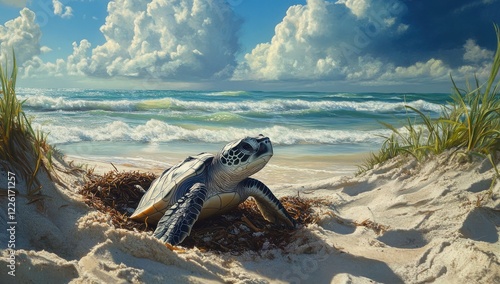 Baby sea turtle emerging from sandy nest on a tropical beach, with crashing waves and dramatic clouds in the background, showcasing nature's beauty. photo