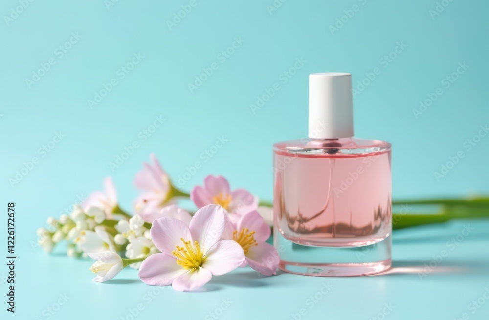 Pink perfume bottle with flowers on light blue background Pink perfume bottle with flowers on light blue background