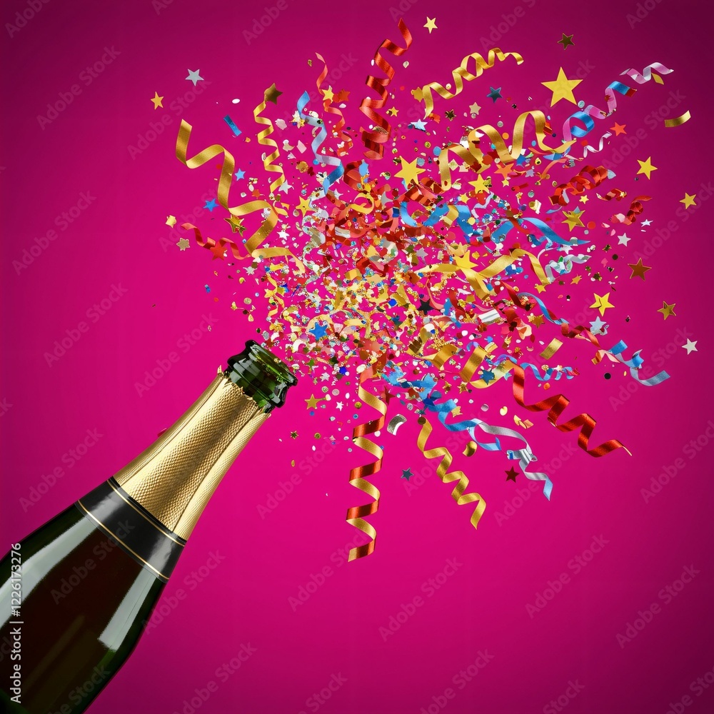 Fototapeta premium Festive Champagne Celebration with Golden Confetti and Party Ribbons Exploding in the Air