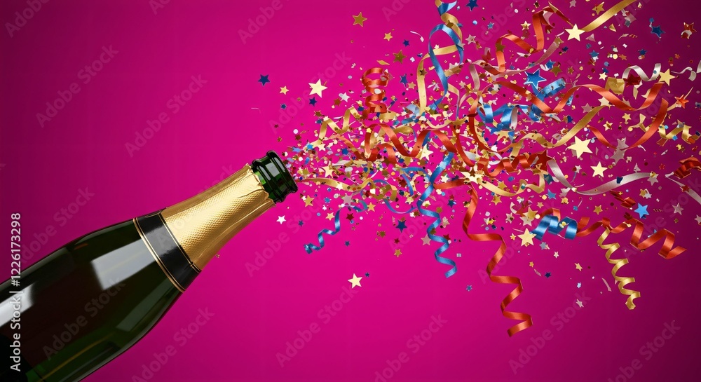 Fototapeta premium Festive Champagne Celebration with Golden Confetti and Party Ribbons Exploding in the Air