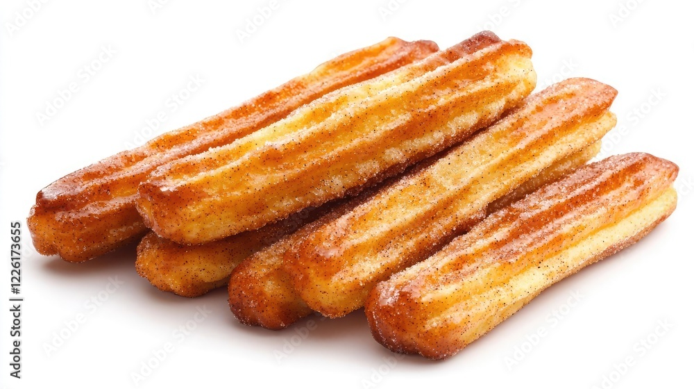 Sweet churros dessert, sugar coating, food photography, white background, delicious treat Sweet churros dessert, sugar coating, food photography, white background, delicious treat