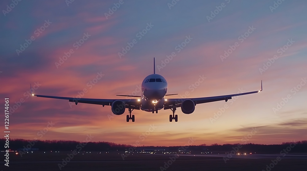 Majestic Airplane Landing at Sunset: A Breathtaking Aerial View Majestic Airplane Landing at Sunset: A Breathtaking Aerial View