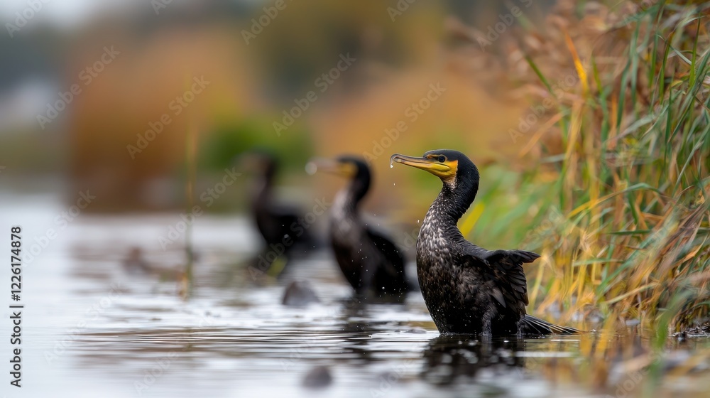 Cormorants resting by riverbank, autumn foliage. Nature photography for wildlife websites Cormorants resting by riverbank, autumn foliage. Nature photography for wildlife websites