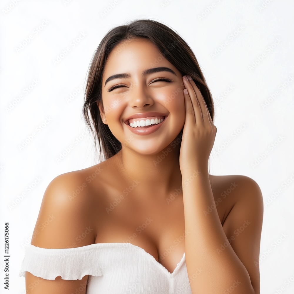 Young woman with satisfaction emotion skincare beauty concept Young woman with satisfaction emotion skincare beauty concept