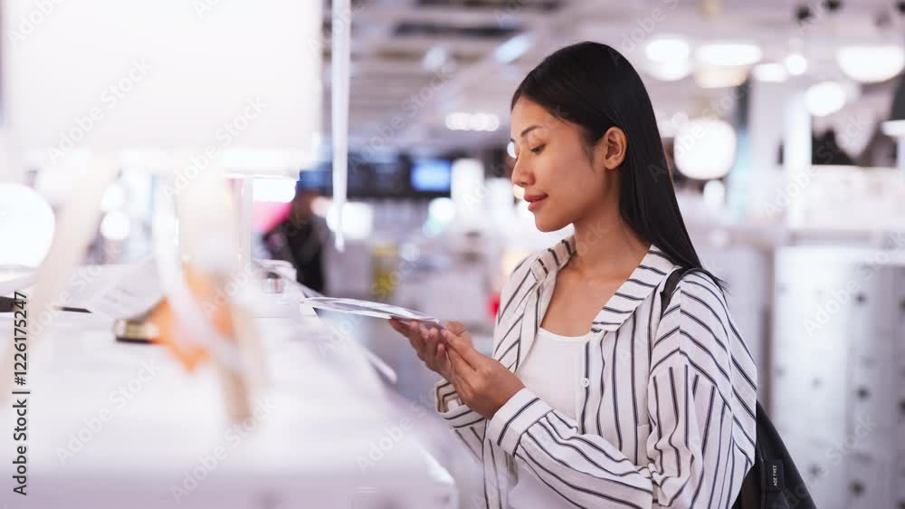 Asian woman wearing a striped shirt, browsing lamps and lighting fixtures in a modern store, smiling and focused, surrounded by a bright and stylish retail environment. Asian woman wearing a striped shirt, browsing lamps and lighting fixtures in a modern store, smiling and focused, surrounded by a bright and stylish retail environment.