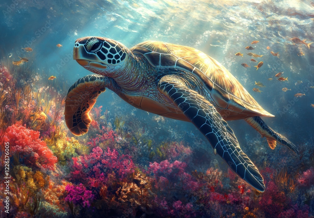 Fototapeta premium Captivating Underwater Scene with Sea Turtle Gliding Through Vibrant Coral Reef and Schools of Colorful Fish in Clear Blue Ocean Waters