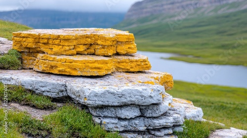 Yellow painted rocks near mountain lake, scenic landscape. Ideal for travel brochures photo