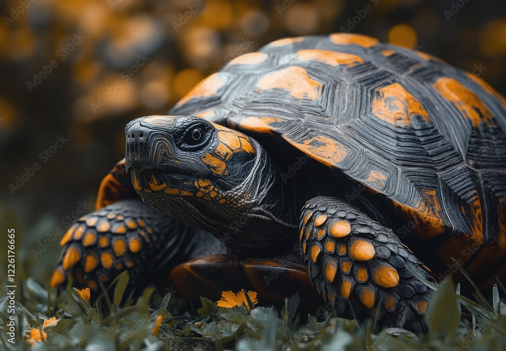 Close-Up Image of a Colorful Turtle with Bright Orange and Black Shell in a Natural Green Environment Surrounded by Flowers and Soft Light Close-Up Image of a Colorful Turtle with Bright Orange and Black Shell in a Natural Green Environment Surrounded by Flowers and Soft Light
