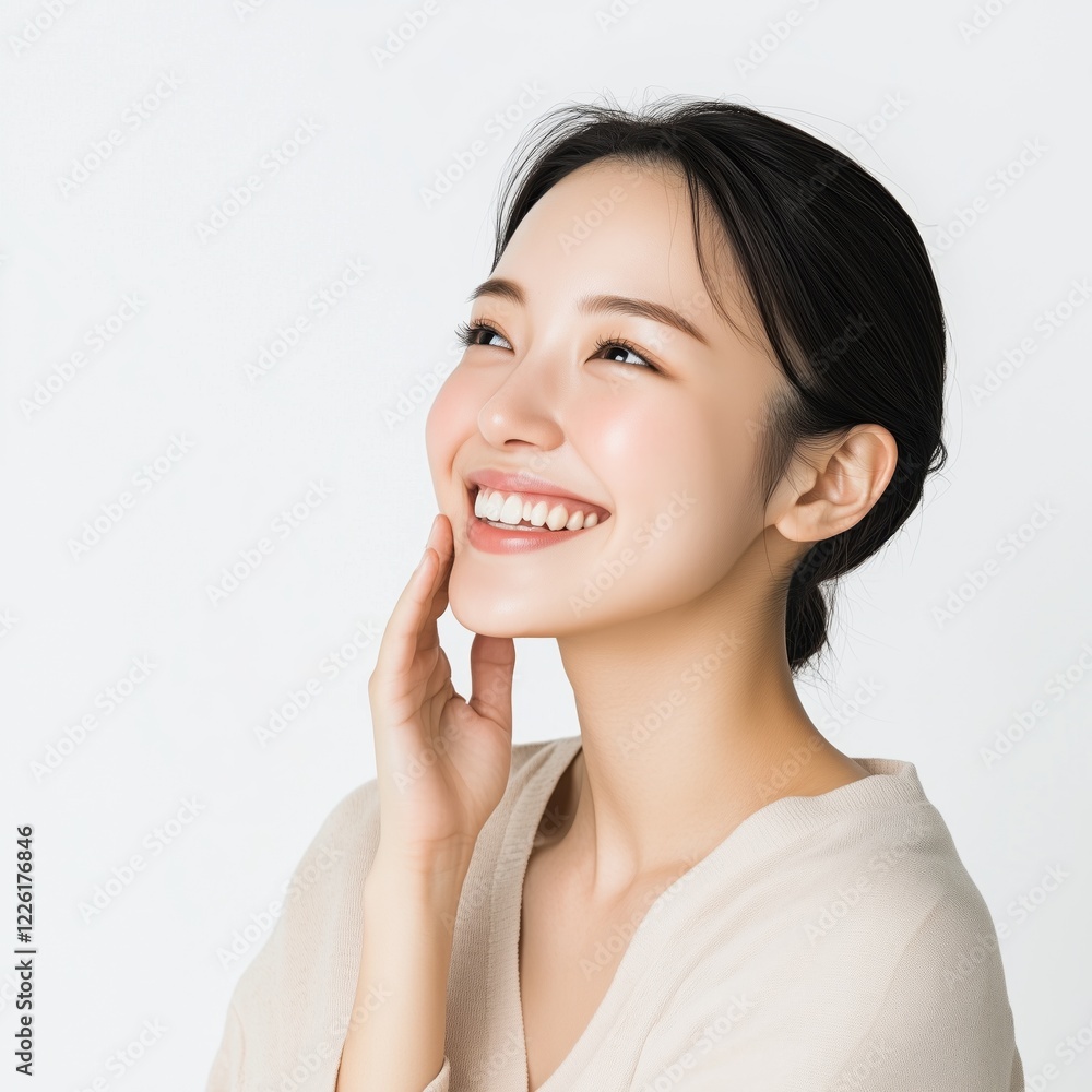Young woman with satisfaction emotion skincare beauty concept Young woman with satisfaction emotion skincare beauty concept