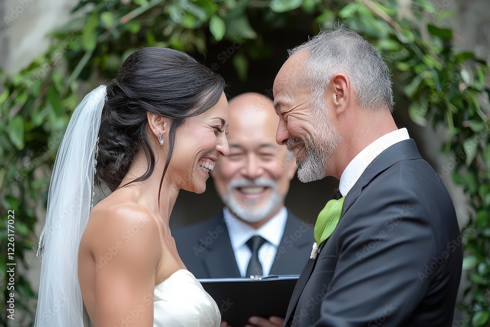 Wedding couple exchanging vows under a dramatic archway made of greenery Wedding couple exchanging vows under a dramatic archway made of greenery
