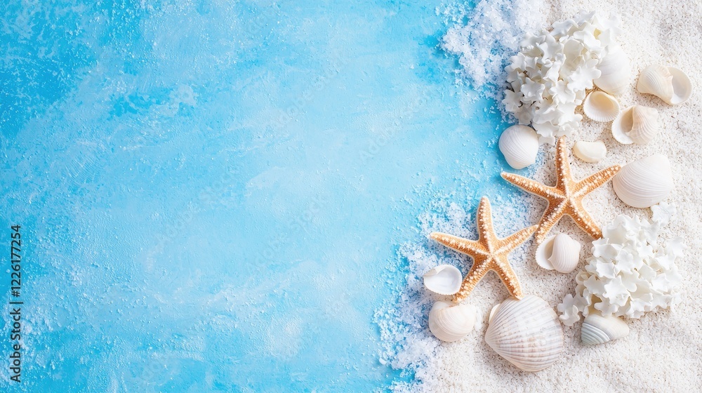 Obraz premium Starfish and white seashells arranged on white sand next to a textured blue background, creating a summer beach concept.