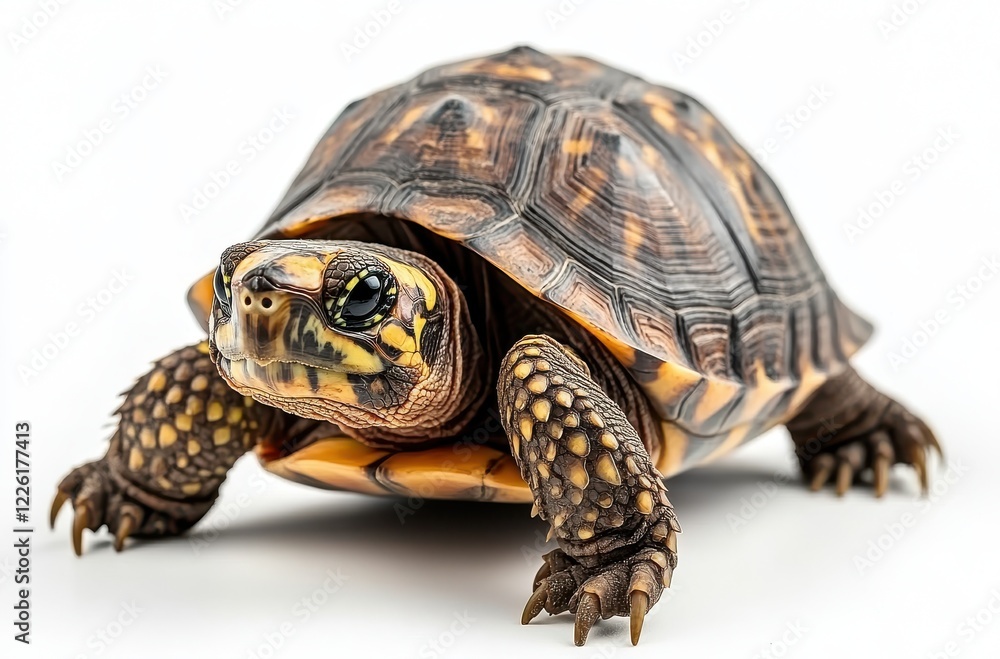 Fototapeta premium Close-up of a Beautifully Patterned Turtle Crawling on a Light Background with Sharp Details Showcasing Unique Shell and Features