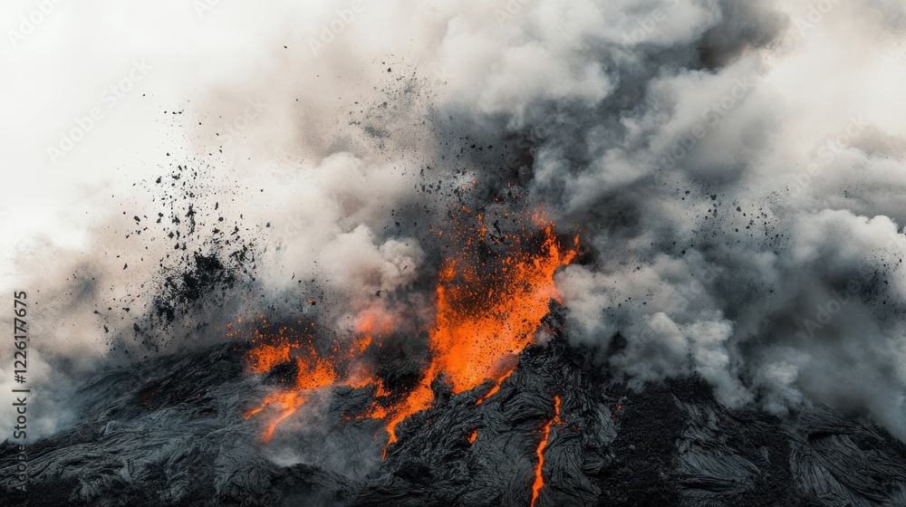 Volcanic eruption, ash cloud, lava flow, fiery explosion, nature disaster, background white, environmental catastrophe, geological event Volcanic eruption, ash cloud, lava flow, fiery explosion, nature disaster, background white, environmental catastrophe, geological event