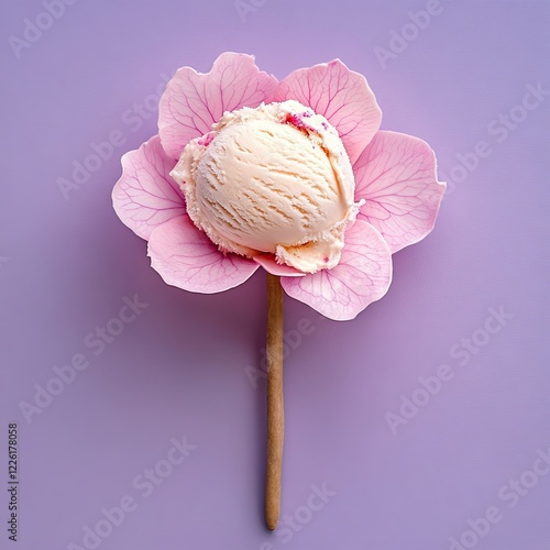 An ice cream scoop with a creamy texture lays artistically within a pink flower leaf arrangement on a lilacious background, merging food with visual elegance and delight. photo