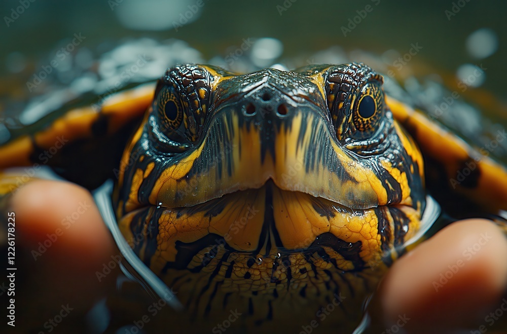 Obraz premium Close-Up of a Colorful Turtle in Aquatic Habitat with Detailed Texture and Vibrant Patterns, Showcasing Nature's Intricate Beauty and Marine Life