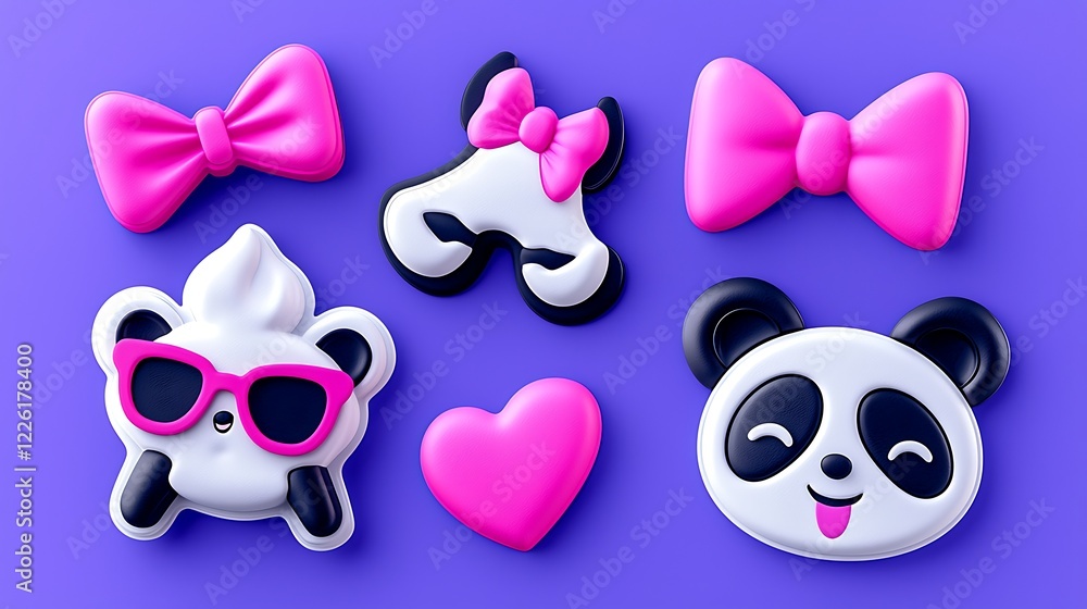 Cute Cartoon Pandas With Pink Bows On Purple Background Cute Cartoon Pandas With Pink Bows On Purple Background