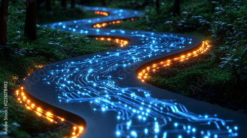 Glowing Circuit Path Through Dark Forest photo