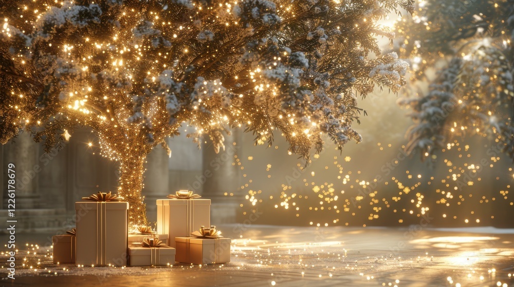Obraz premium Tranquil morning scene. Gifts rest beneath a shimmering, snow-dusted tree bathed in soft golden light. Magic fills the air, hinting at festive joy.