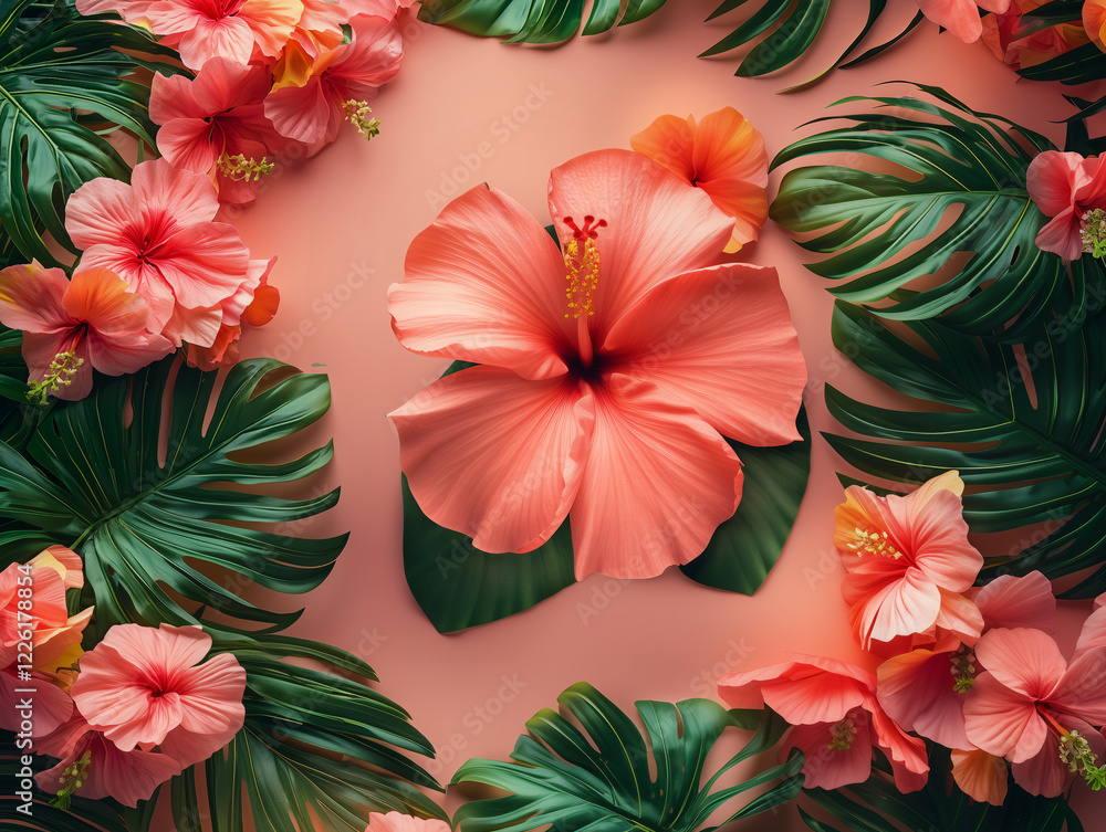 Elegant Floral Background with Hibiscus and Green Palm Leaves in a Tropical Style Elegant Floral Background with Hibiscus and Green Palm Leaves in a Tropical Style