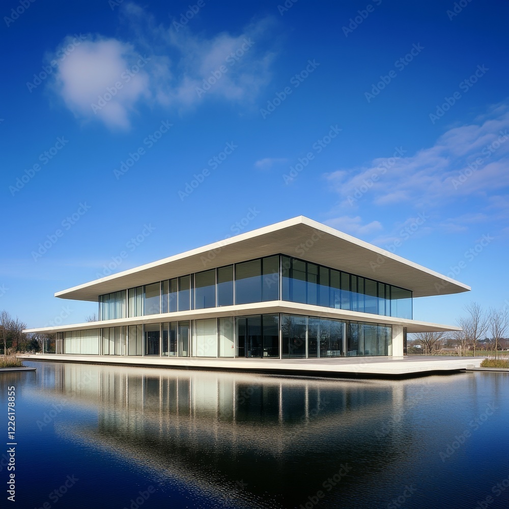 A striking modern building with extensive glass walls reflects beautifully on the calm water pool surrounding it, set under a bright blue sky, emphasizing innovation. A striking modern building with extensive glass walls reflects beautifully on the calm water pool surrounding it, set under a bright blue sky, emphasizing innovation.