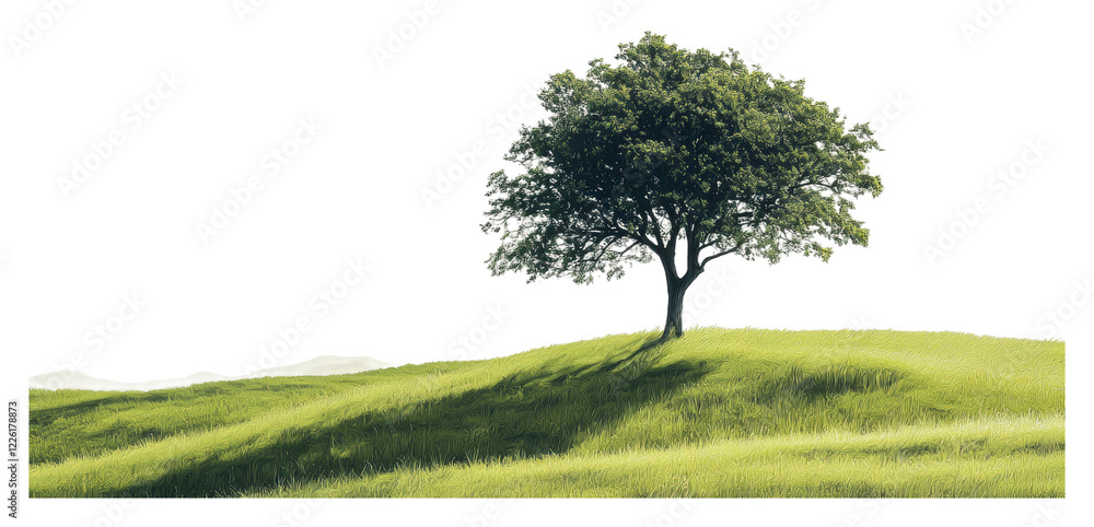 Fototapeta premium Lone tree on a hillside under clear sky isolated on transparent background