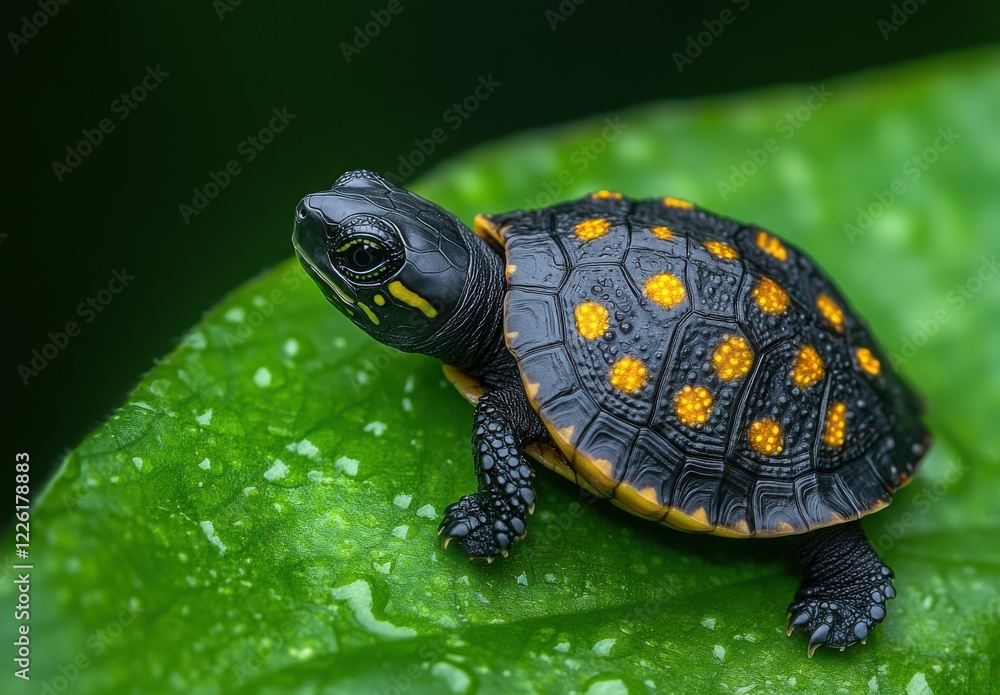 Obraz premium Close-Up of a Colorful Turtle Resting on a Leaf Surrounded by Lush Greenery Captured in a Natural Habitat Setting